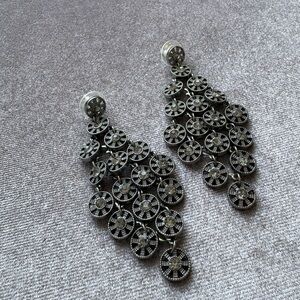 Black Floral Disc Chandelier Earrings - Statement Drop Earrings